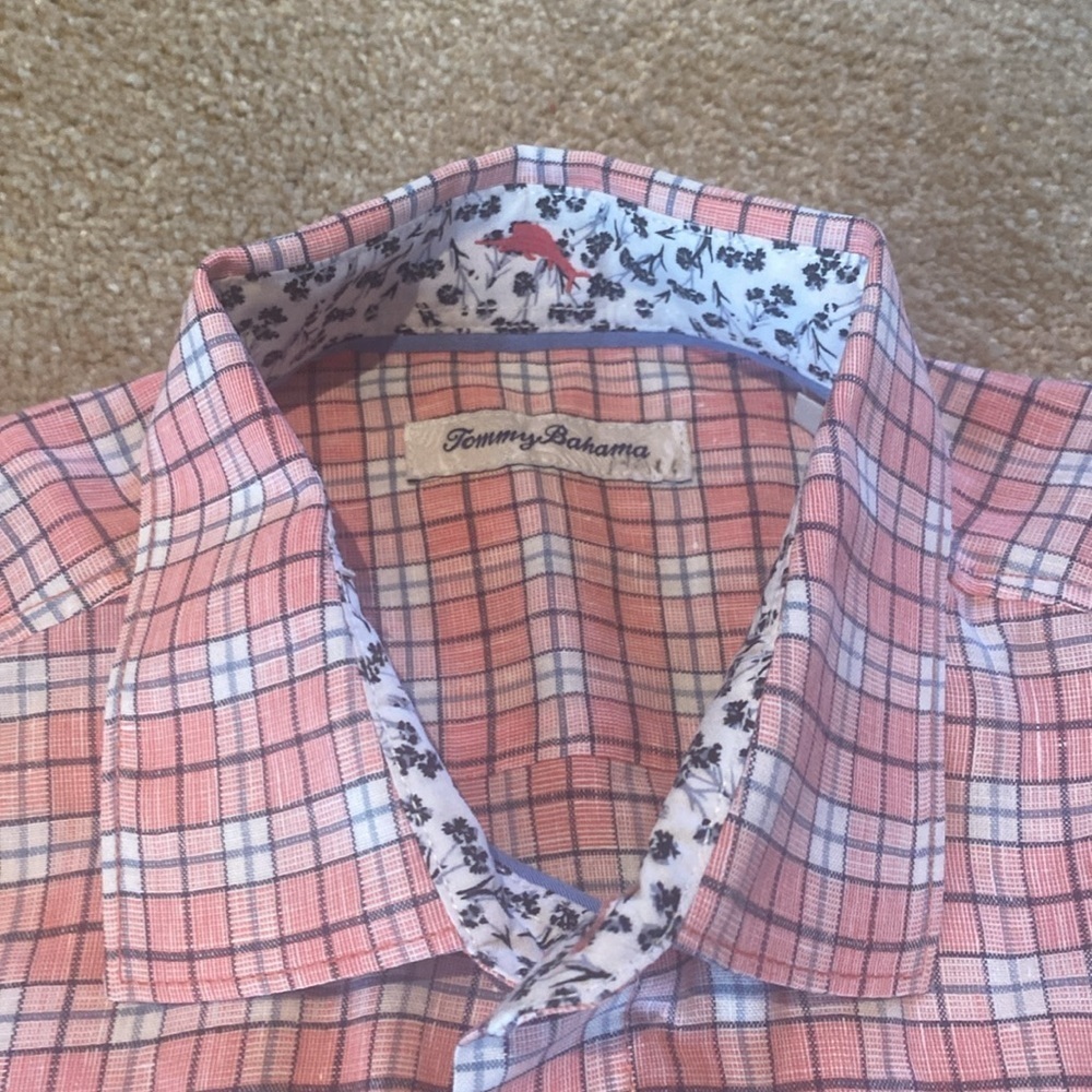 Tommy Bahama Linen Blend Pink Plaid Check Button Down Contrast Cuff Sz Medium